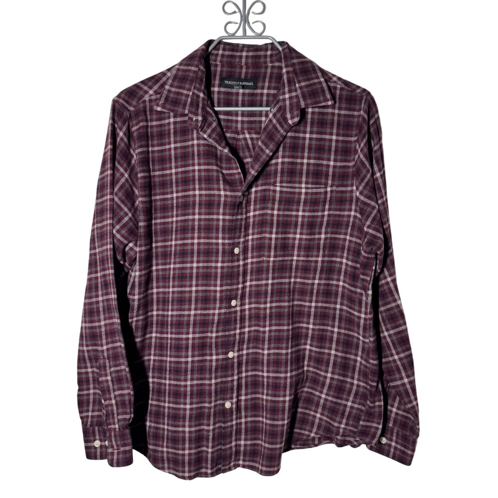Tricots St Raphael Plaid Button Down Shirt Large Burgundy Excellent Long Sleeve